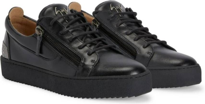 giuseppe zanotti Zwarte Leren Lage Sneakers met Zijrits Black Heren