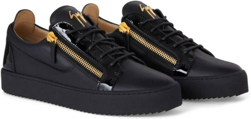 giuseppe zanotti Zwarte leren lage sneakers met zijrits Black Heren