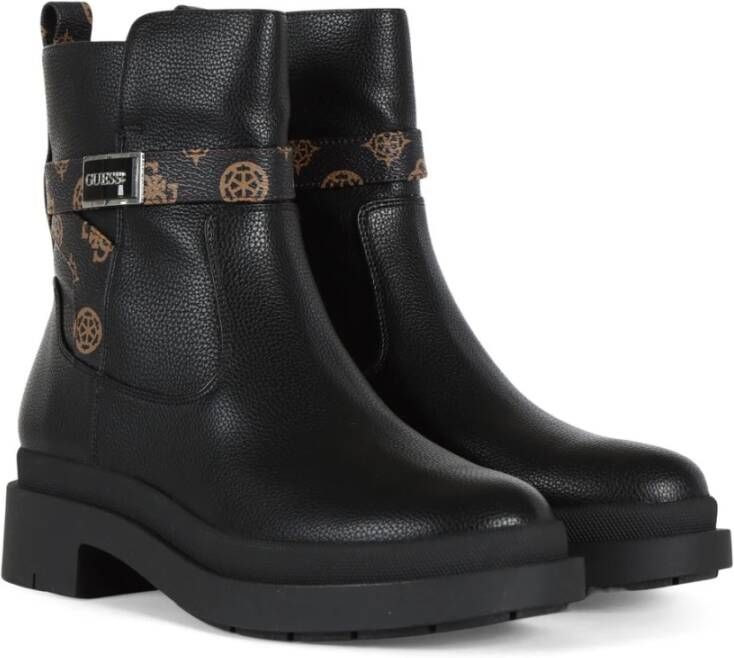 Guess Eco-leren enkellaars met logo plaat Black Dames