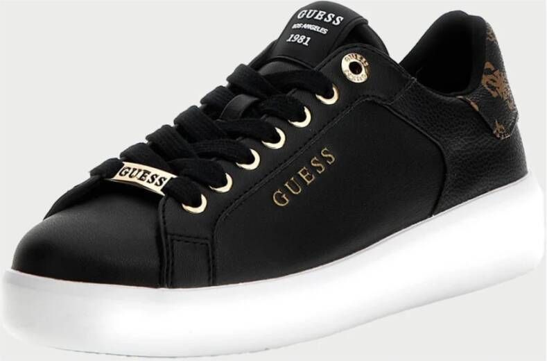 Guess Zwarte Leren Sneakers met Gouden Logo Black Dames