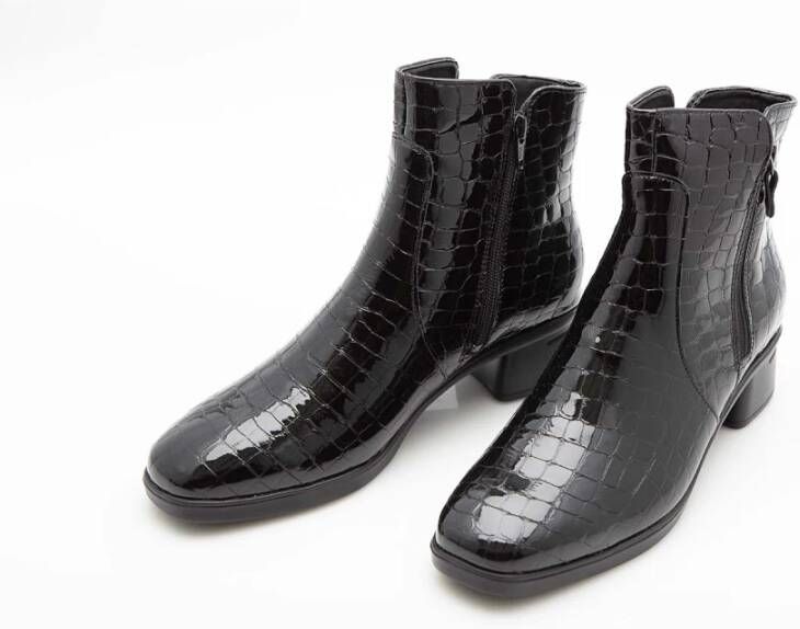 Hartjes Zwarte Croco Leren Enkellaarzen Black Dames