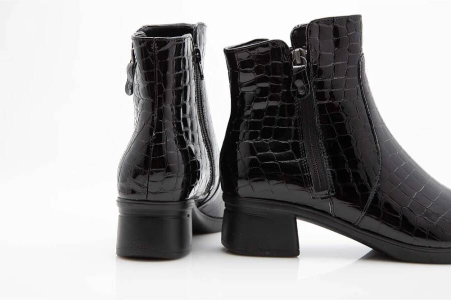 Hartjes Zwarte Croco Leren Enkellaarzen Black Dames