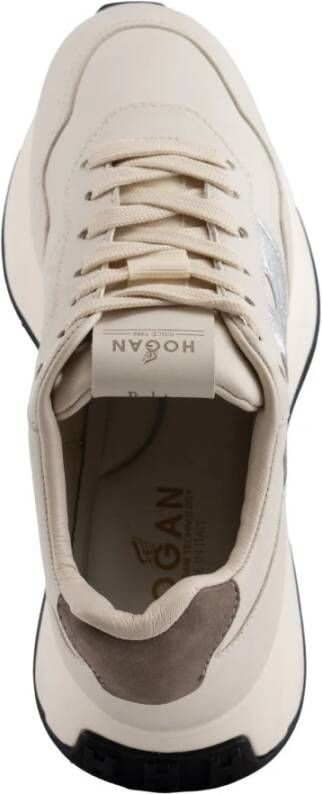 Hogan Ivoor Leren Sneakers Vetersluiting Voorzijde Beige Dames