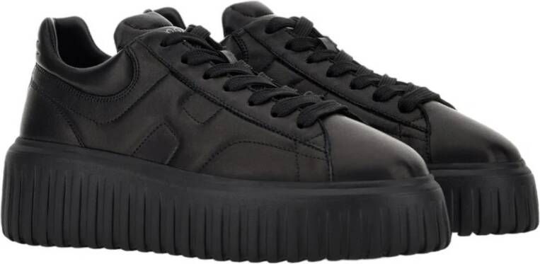 Hogan Zwarte Leren Sneakers Ronde Neus Vetersluiting Black Dames