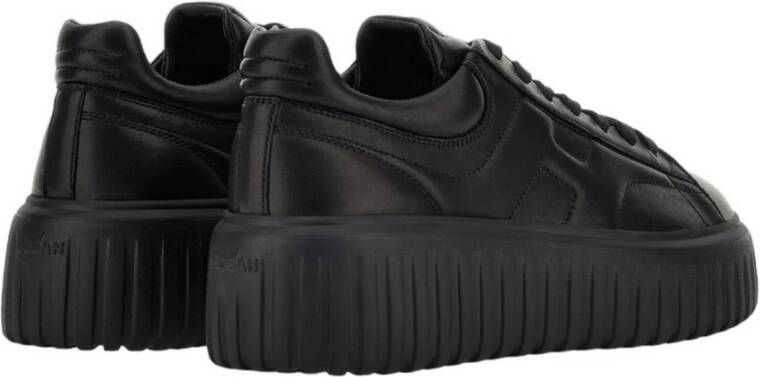 Hogan Zwarte Leren Sneakers Ronde Neus Vetersluiting Black Dames