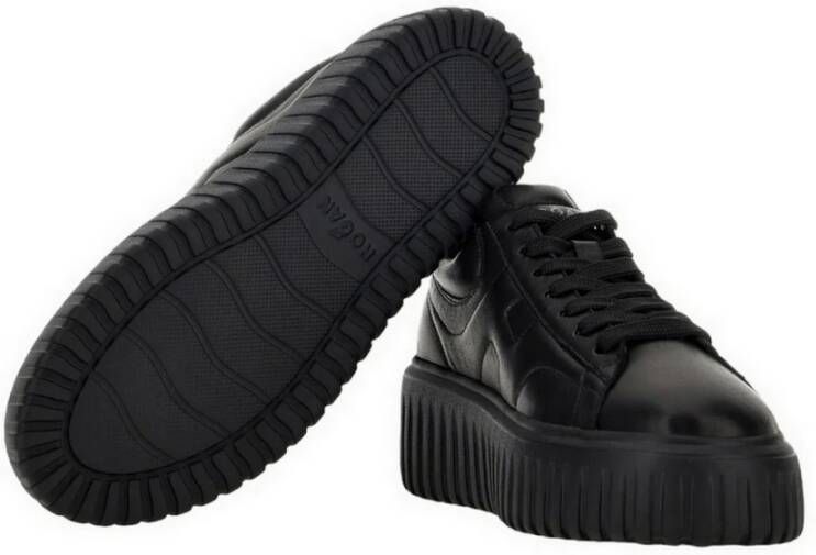 Hogan Zwarte Leren Sneakers Ronde Neus Vetersluiting Black Dames