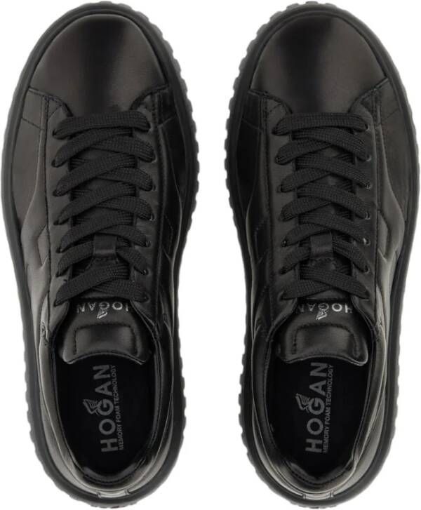 Hogan Zwarte Leren Sneakers Ronde Neus Vetersluiting Black Dames