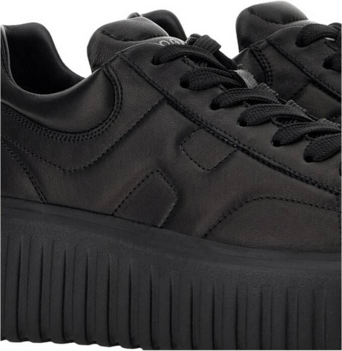 Hogan Zwarte Leren Sneakers Ronde Neus Vetersluiting Black Dames