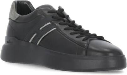 Hogan Zwarte Leren Sneakers Ronde Neus Vetersluiting Black Heren