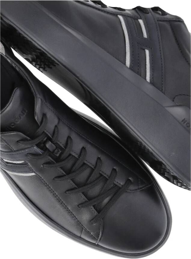 Hogan Zwarte Leren Sneakers Ronde Neus Vetersluiting Black Heren