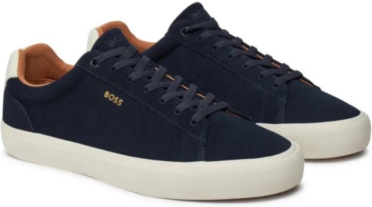 Hugo Boss Blauwe Suède Lage Sneakers Vetersluiting Blue Heren