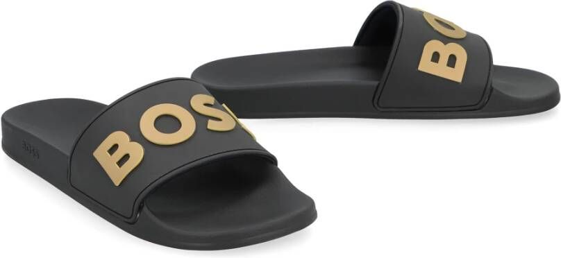 Hugo Boss Geëtst Logo Rubberen Slippers Black Heren