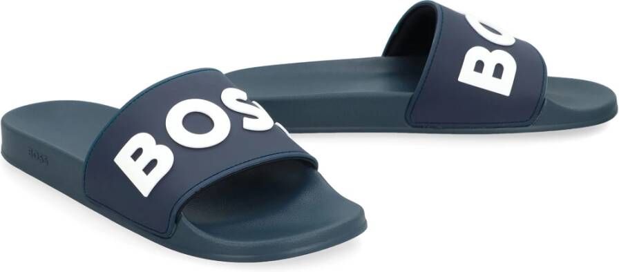 Hugo Boss Geëtst Logo Rubberen Slippers Blue Heren