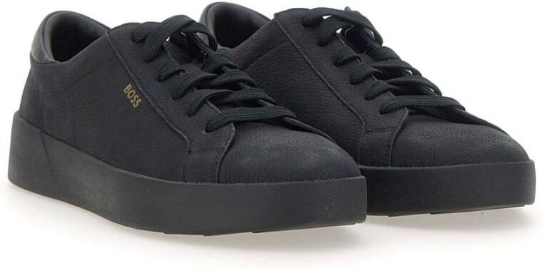 Hugo Boss Zwarte leren sneakers met gouden logo Black Heren