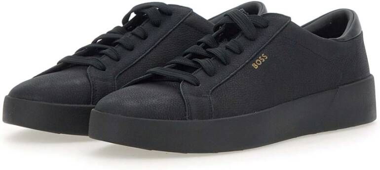 Hugo Boss Zwarte leren sneakers met gouden logo Black Heren