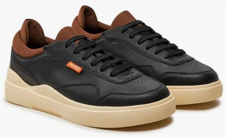 Hugo Boss Zwarte Leren Sneakers met Kleurrijke Details Black Heren