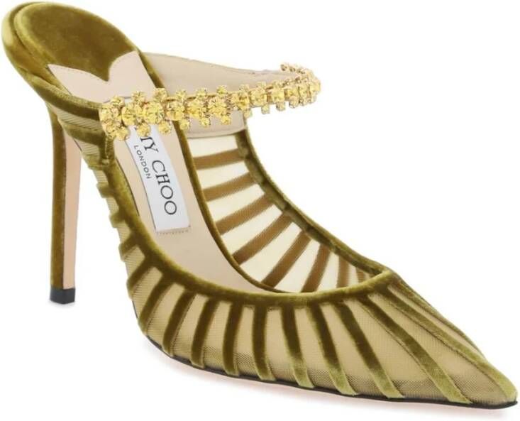 Jimmy Choo Gestreepte Flocked Mesh Kristal Muiltjes Yellow Dames