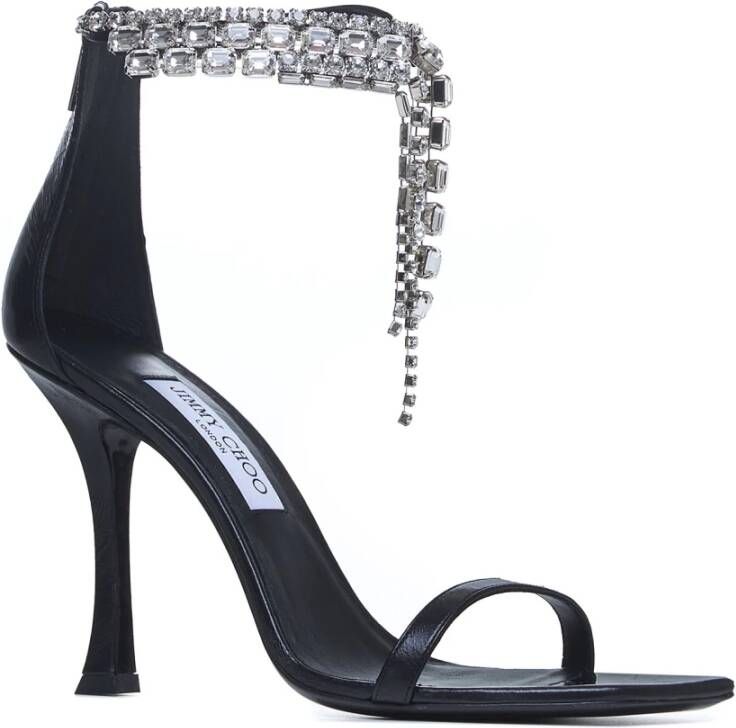 Jimmy Choo Zwarte leren sandalen met hak en kristallen Black Dames