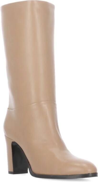 Julie Dee Beige Leren Laarzen Ronde Neus 8cm Hak Beige Dames