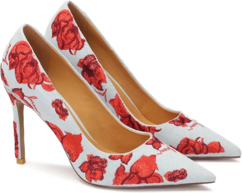 Kazar Blauwe denim pumps met rode bloemen Multicolor Dames