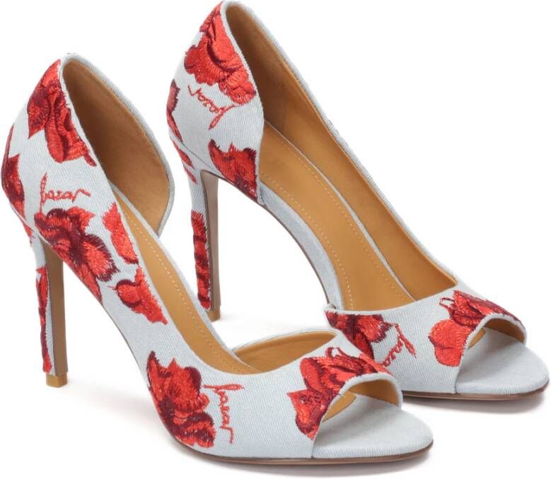 Kazar Denim stof peep toe pumps met geborduurde bloemen Red Dames