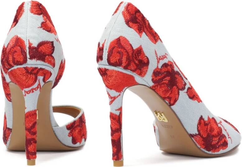 Kazar Denim stof peep toe pumps met geborduurde bloemen Red Dames