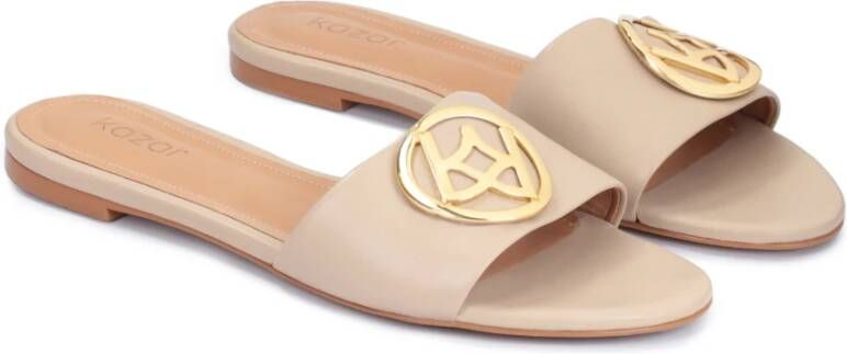 Kazar Platte leren slippers versierd met een monogram Beige Dames