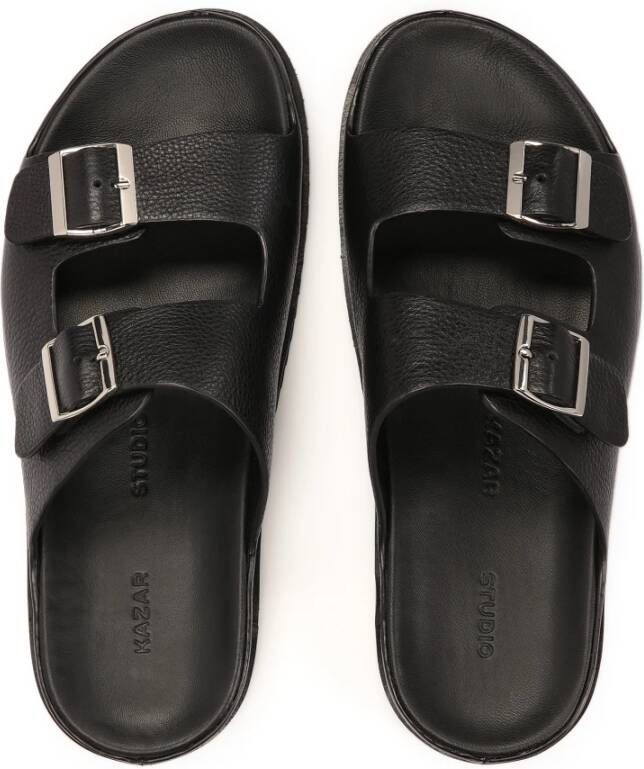 Kazar Studio Zwarte leren slippers met twee banden Black Heren