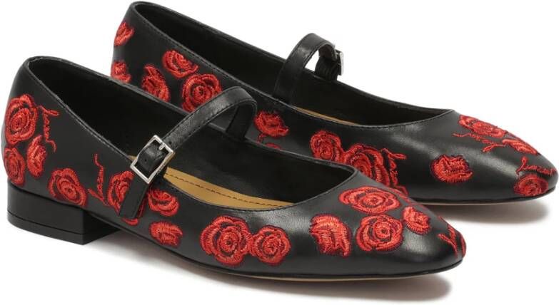 Kazar Zwarte platte pumps met bloemen Black Dames