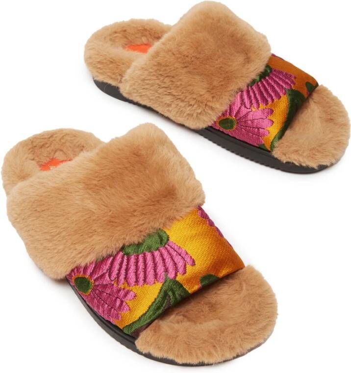 La DoubleJ Winter Sliders Zijden Jacquard Nepbont Gevoerd Oranje Dames