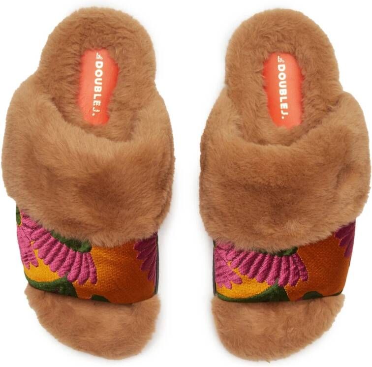 La DoubleJ Winter Sliders Zijden Jacquard Nepbont Gevoerd Oranje Dames