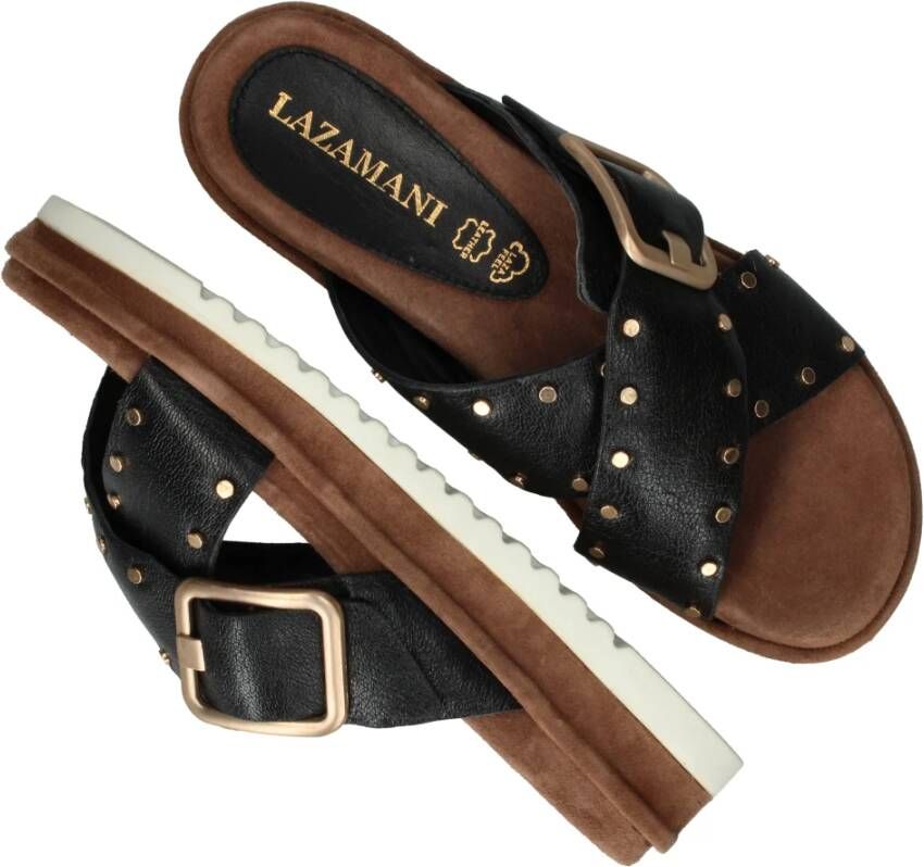 Lazamani Studded Leather Slipper with Buckle Closure Black Dames