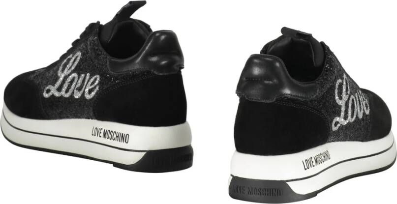 Love Moschino Glitter Low-Top Sneakers met Suede Inserts Black Dames