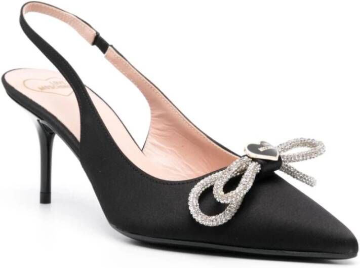 Love Moschino Zwarte Satijnen Slingback Schoenen met Kristalstrik Black Dames