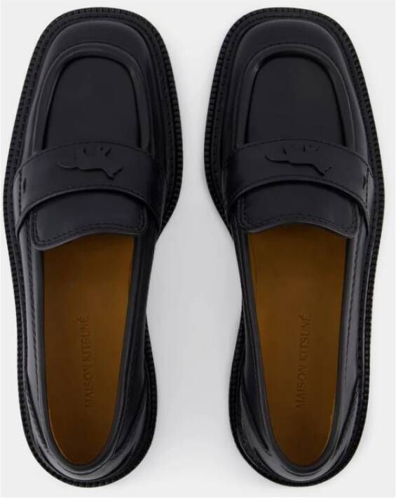 Maison Kitsuné Zwarte Leren Loafers Ronde Neus Black Dames