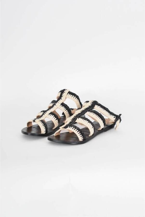 Manebí Raffia Gestreepte Leren Sandalen Black Dames