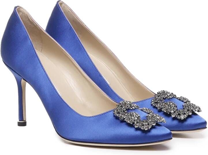 Manolo Blahnik Blauwe Satijnen Kristal Gesp Hak Pumps Blue Dames