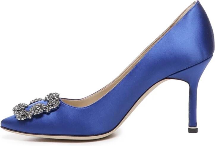 Manolo Blahnik Blauwe Satijnen Kristal Gesp Hak Pumps Blue Dames