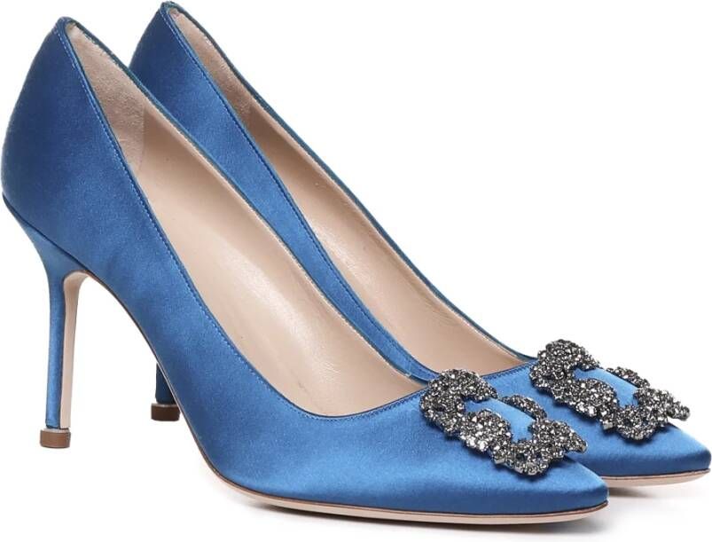 Manolo Blahnik Blauwe Satijnen Kristal Gesp Hak Pumps Blue Dames