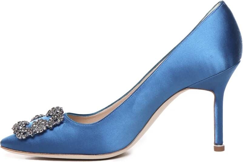 Manolo Blahnik Blauwe Satijnen Kristal Gesp Hak Pumps Blue Dames