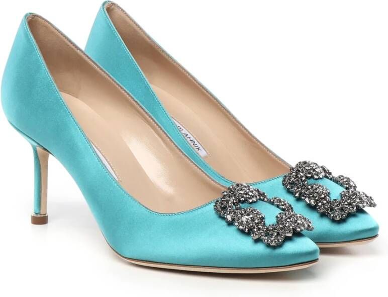 Manolo Blahnik Blauwe Satijnen Kristal Gesp Hakken Blue Dames