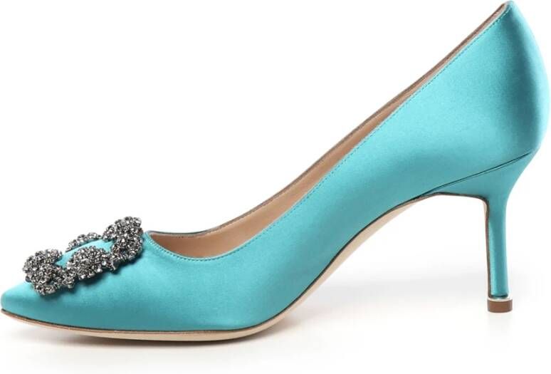 Manolo Blahnik Blauwe Satijnen Kristal Gesp Hakken Blue Dames