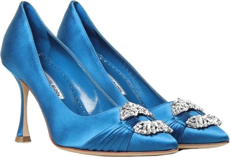 Manolo Blahnik Blauwe Satijnen Pumps met Puntige Neus Blue Dames