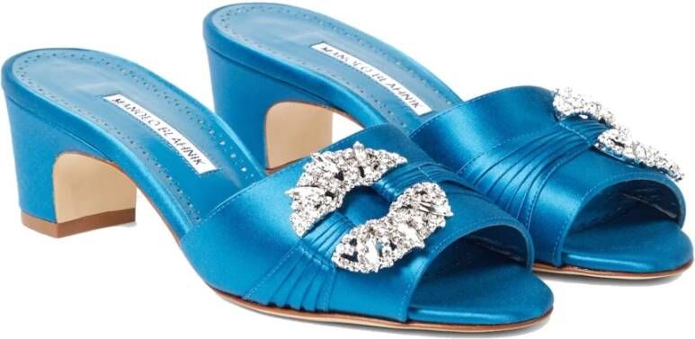 Manolo Blahnik Blauwe Slip-On Satijnen Muiltjes Schoenen Blue Dames