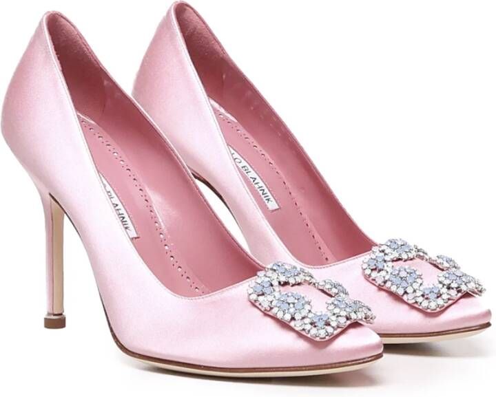 Manolo Blahnik Roze Satijnen Juweelgesp Hak Pink Dames