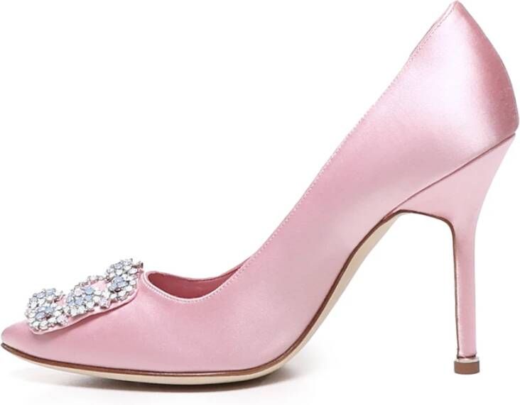 Manolo Blahnik Roze Satijnen Juweelgesp Hak Pink Dames