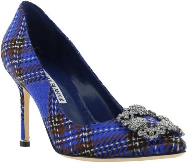 Manolo Blahnik Tartan Wol Pumps met Kristallen Gesp Blue Dames