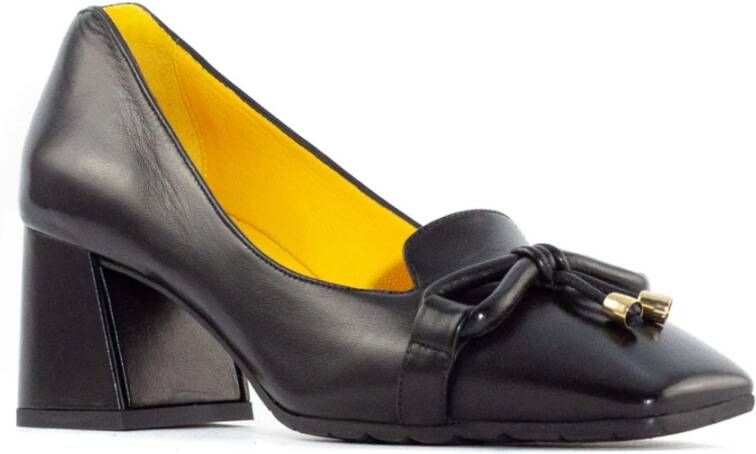 Mara Bini Zwarte Leren Loafer Vierkante Neus Strik Black Dames