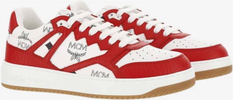 MCM Leren Sneakers Rood Wit Logo Print Red Dames