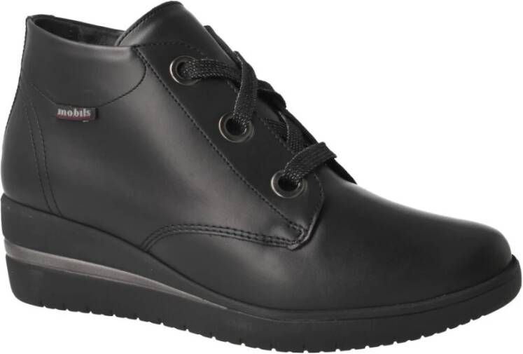 mephisto Zwarte leren dames enkellaarsjes Black Dames